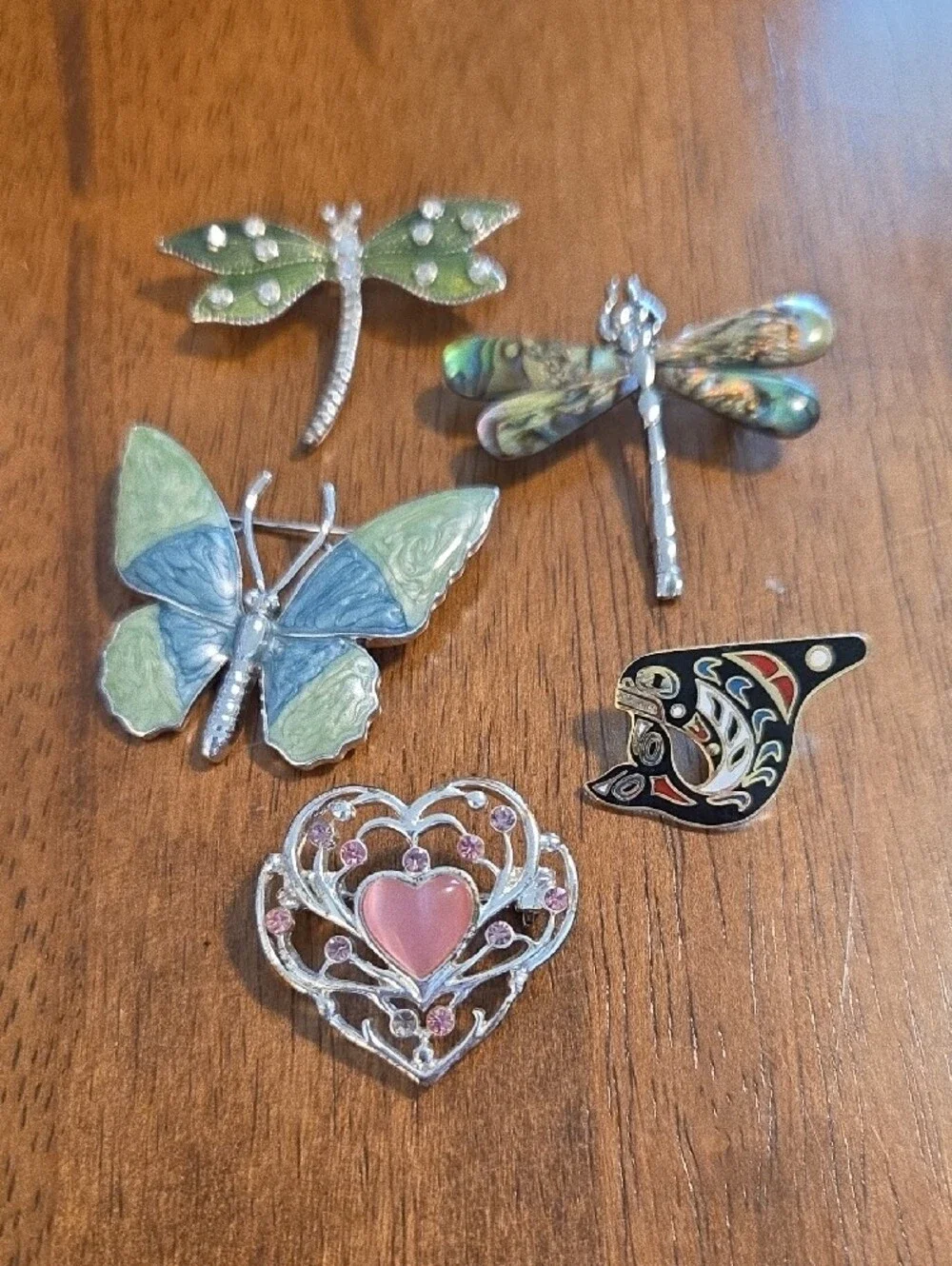 Enamel Butterfly, Dragonfly & Heart Brooch Set - Pink & Green